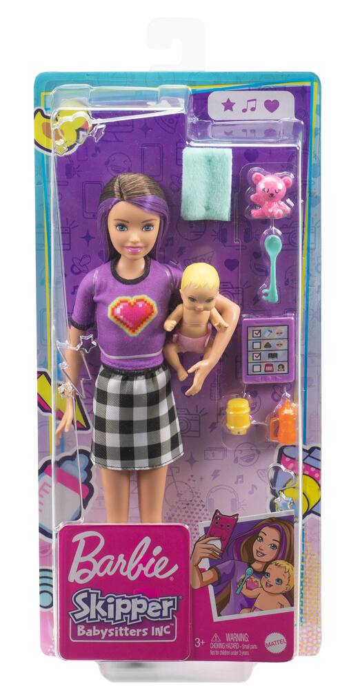 Barbie Coffret poupée Skipper Baby-Sitter brune, avec figurine de