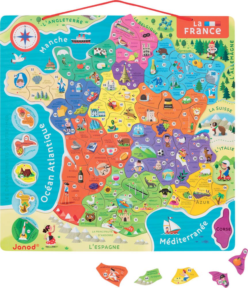 Puzzle en bois 100 pièces Carte départements France. Vente jouet