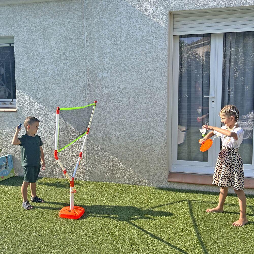 DeAO Kit Badminton Enfant Complet Avec Filet – Raquettes Junior 2-en-1 Badminton/Tennis + Volant + Balle Souple – Idéal Intérieur/Extérieur