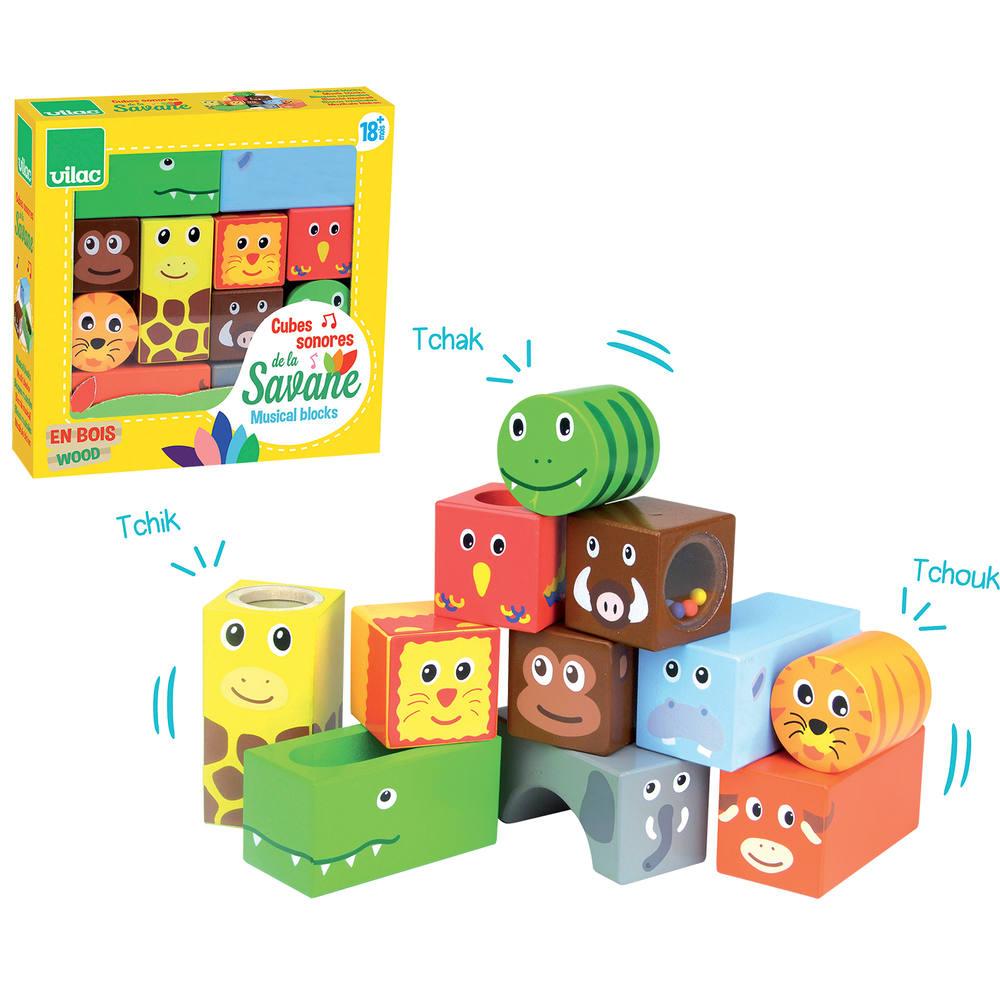 Cubes Sonores De La Savane Jouets En Bois Joueclub 11 cubes en bois de formes variées (cubes, cylindres, rectangles), gais et colorés à manipuler. cubes sonores de la savane