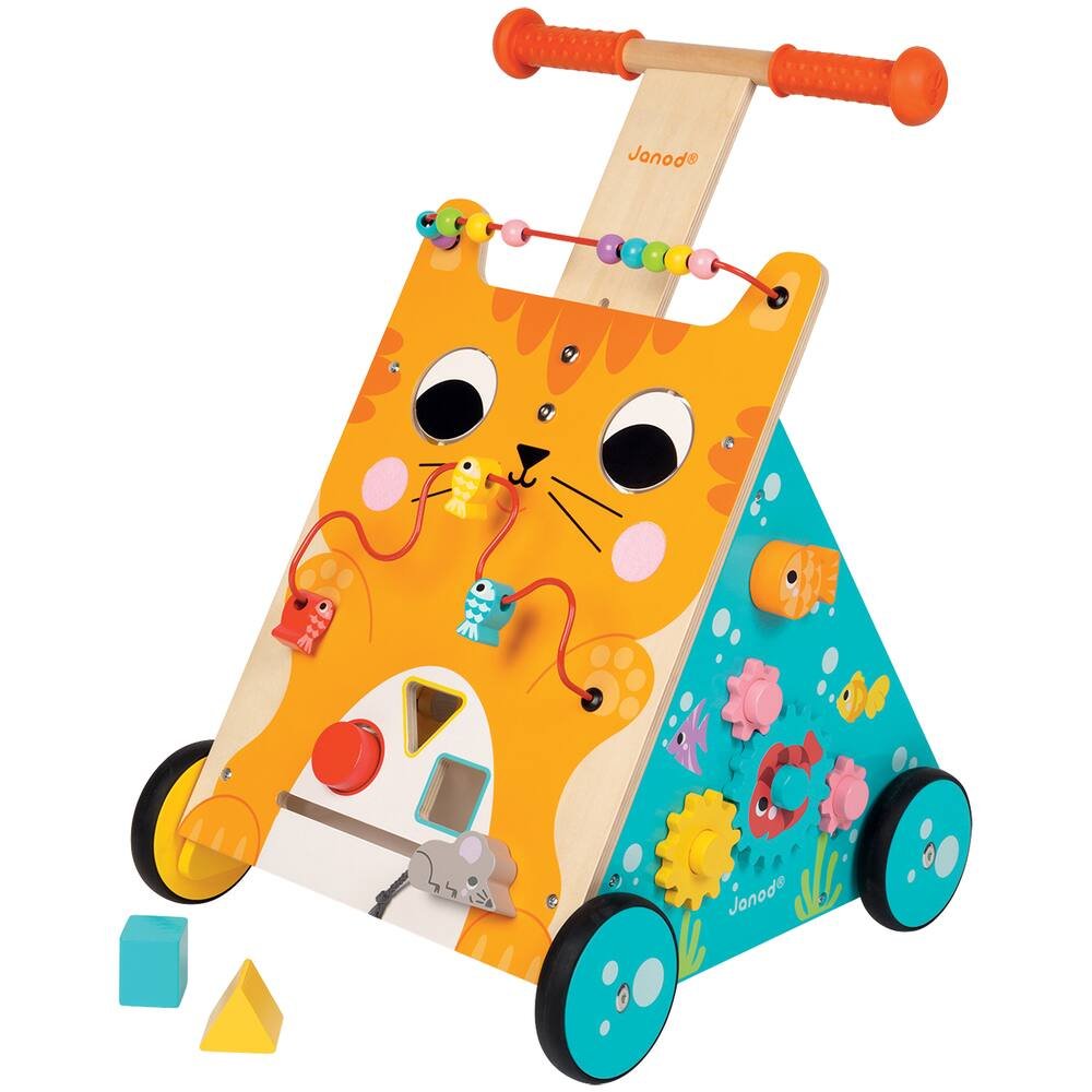 Chariot multi-activites chat -en bois, jouets 1er age