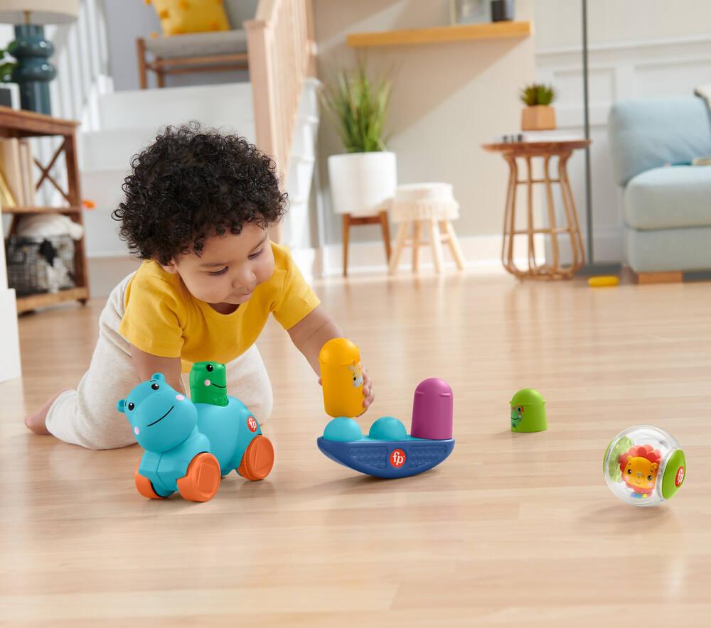 Jeu Développement Moteur Bébé Coffret Fisher-Price J'Apprends Les Mouvements - 3 Jouets Éveil Motricité Globale Bébé 9 Mois+ - Boule Hochet Lion, Hippo à Roulettes & Culbuto Animaux