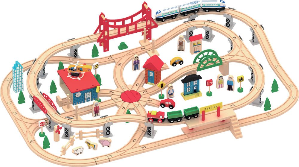 Set de train en bois - 130 pieces, jouets en bois