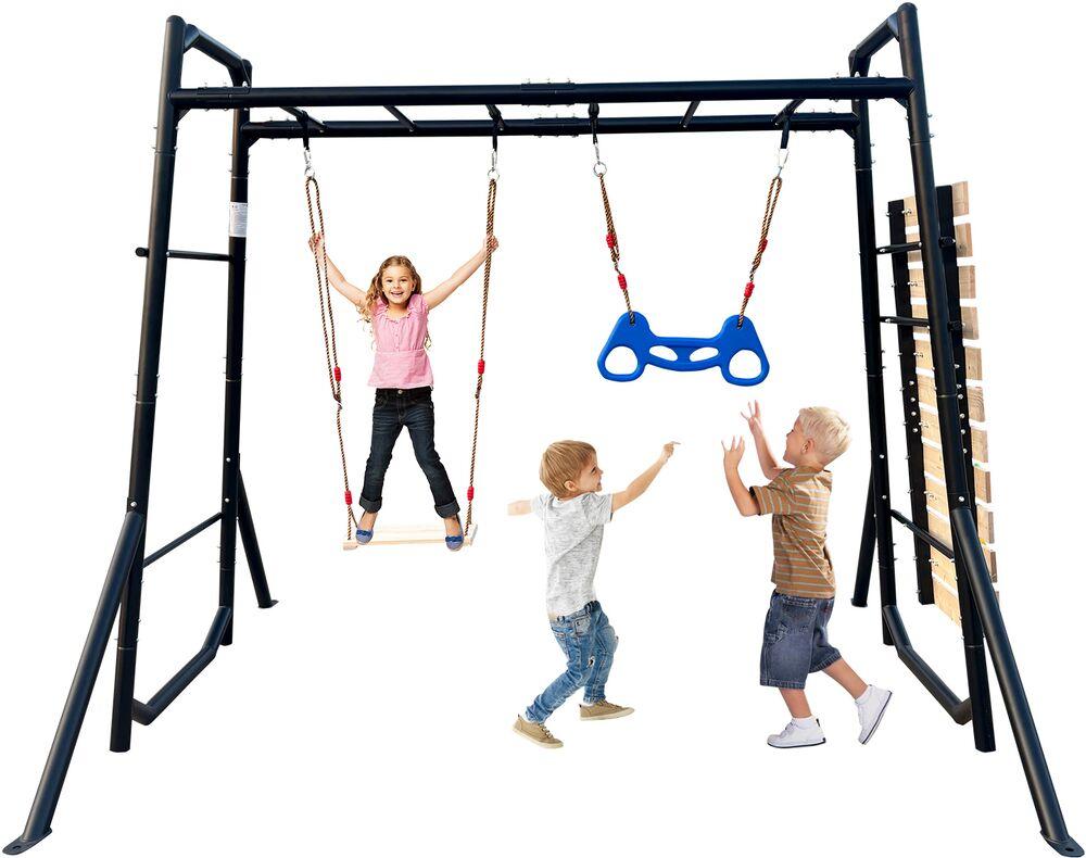 COSTWAY Escalade Pour Enfants 7 En 1 En Acier Avec Barres De Singe, Mur De Corde, Echelle Murale Barre De Tractionechelle De Corde 57523077
