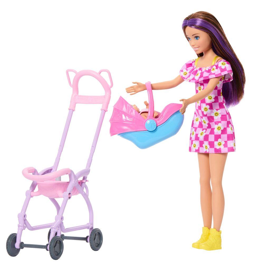 Barbie Skipper Baby-Sitter Coffret, poupée brune, poupée d'enfant, baignoire et 6 accessoires (JJB43
