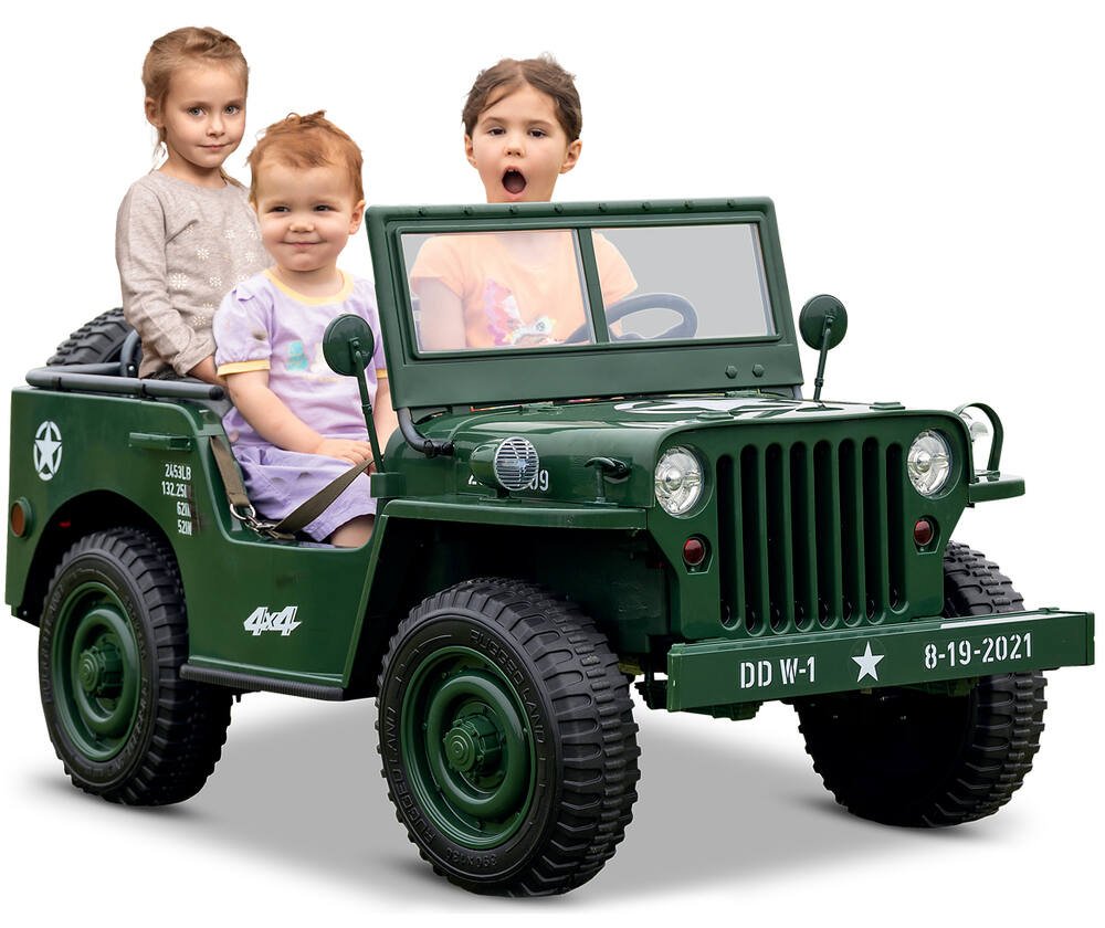 Voiture electrique enfant jeep willys 3 places 12v vert, jeux exterieurs  et sports