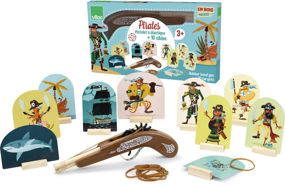 Vilac Pistolet à Élastiques Pirates – Jeu D'Adresse En Bois Avec 10 Cibles, Dès 6 Ans, Activité Sans Écran