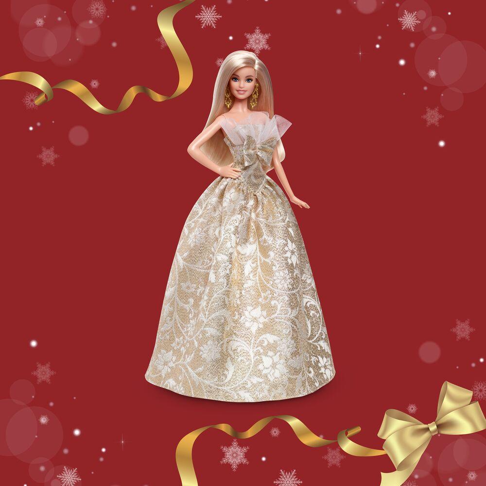 Barbie Signature Joyeux Noël 2023, Poupée Collector Spéciale Fêtes avec Robe De Soirée Dorée