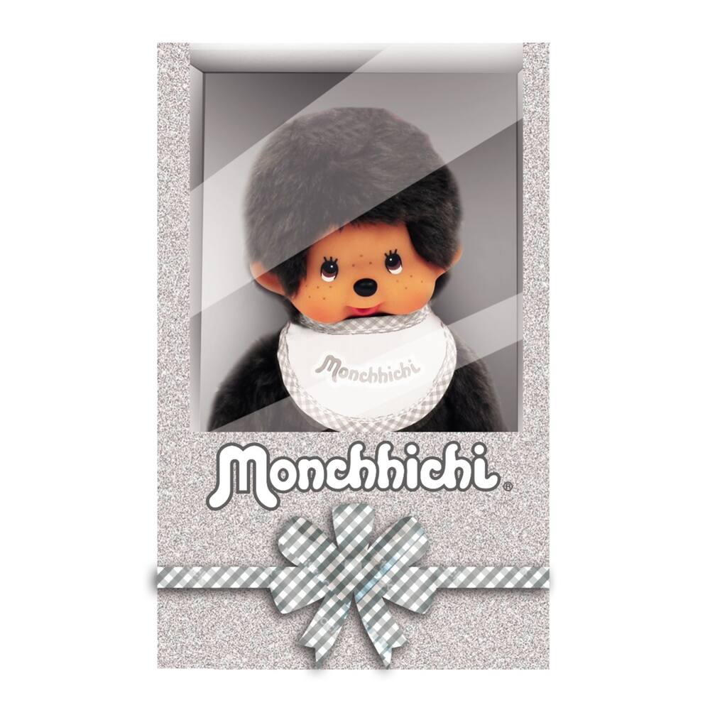 Peluche Monchhichi Mamie - BANDAI - 20 cm - Gris et rose