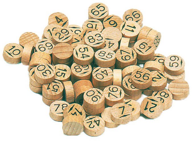 Pions de loto en bois numérotés de 1 à 90