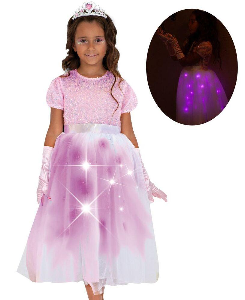 Robe De Princesse LED Lumineuse – Enfant Avec Baguette & Couronne – Déguisement Fête, Noël, Anniversaire