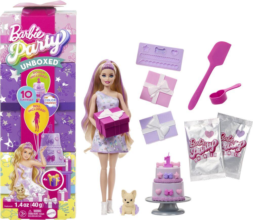 Barbie party unboxed chien violet poupees jouéclub
