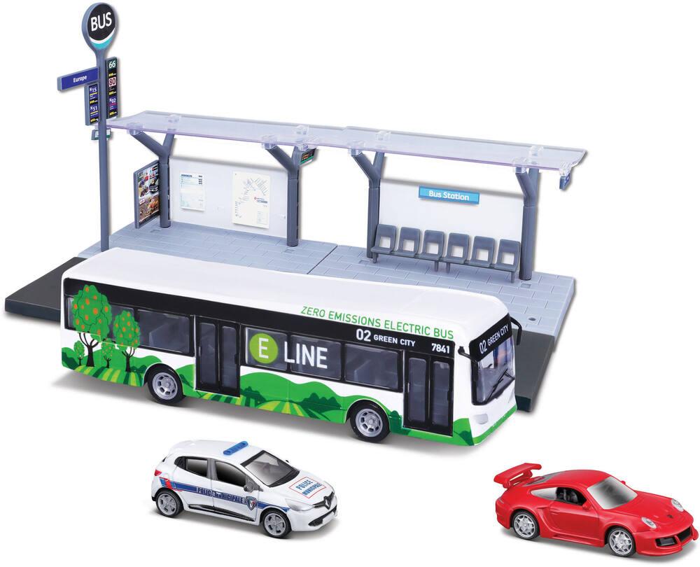 1/64 transports publics - playset city bus + station + 2 vehicules | vehicules-garages | jouéclub
