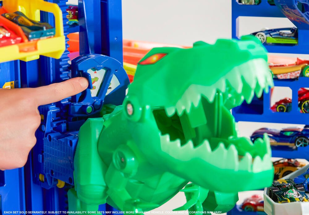 Hot Wheels City Super Dino Robot Garage avec T-Rex, pour contenir