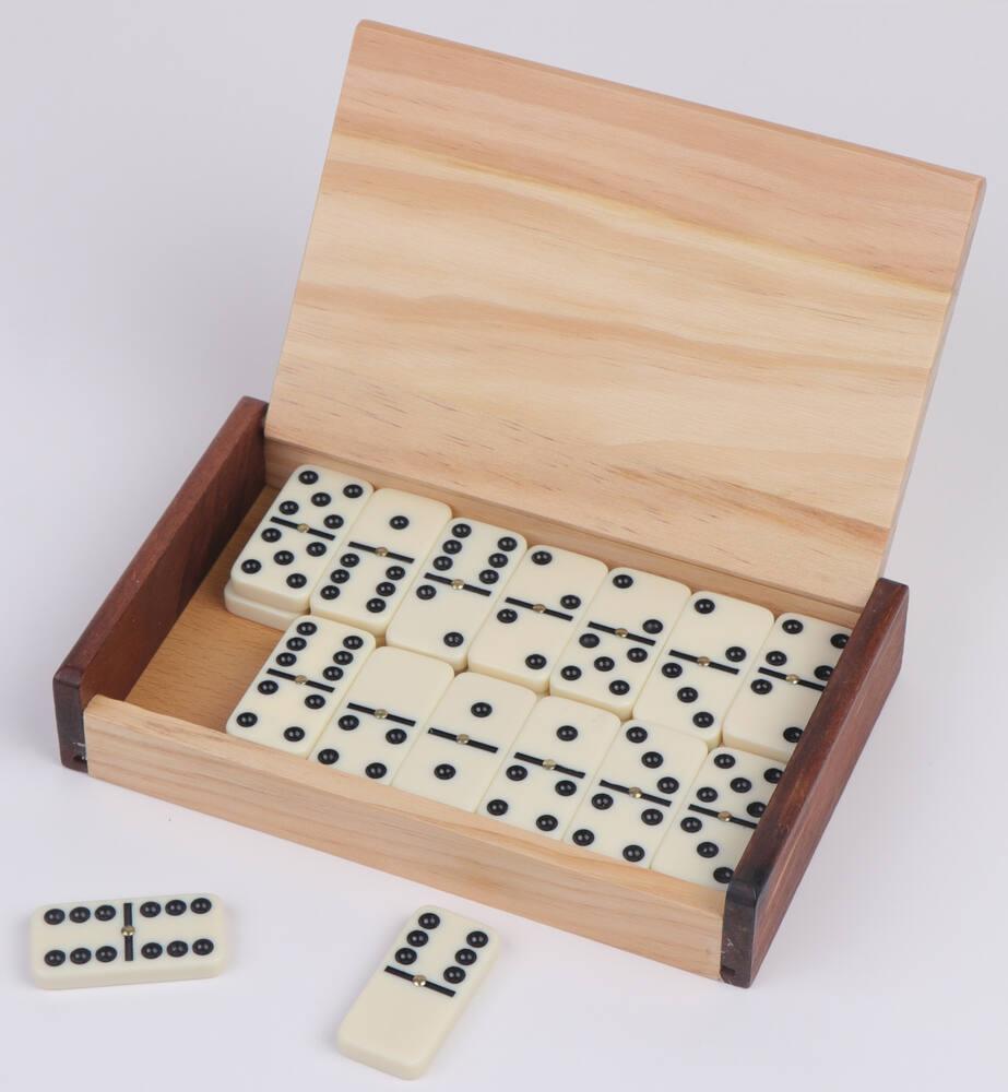 Ancien Jeu De Dominos – Boîte En Bois, 28 Dominos En Os, Vintage
